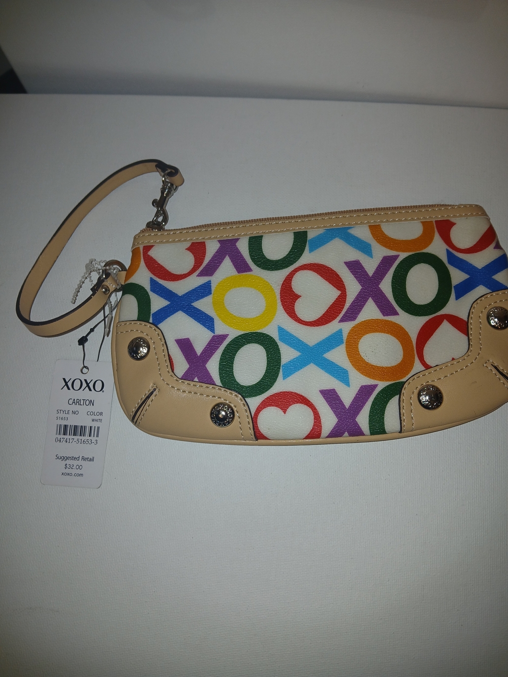 XOXO Multicolor Logo Print Wristlet with Beige Trim